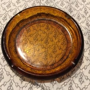 Vintage MID CENTURY MODERN Large AMBER GLASS ASHTRAY Waffle Diamond Bottom, 8 in